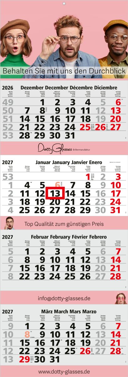 4-Monatskalender Mehrblock Quadro 4 Post Extra-Breite 335 mm