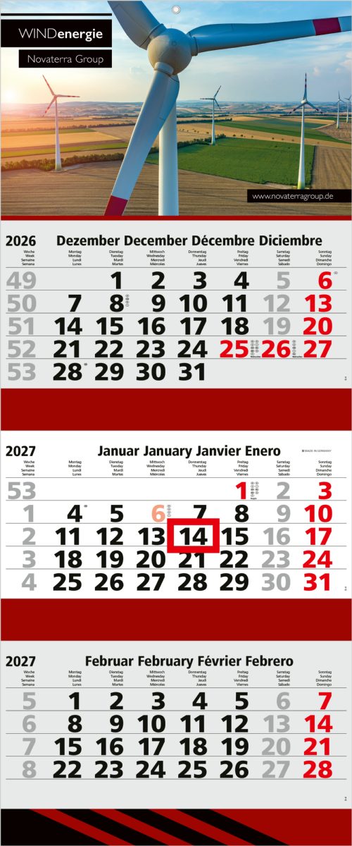 3-Monatskalender Mehrblock Maxi 3 Post Extra-Breite 335 mm